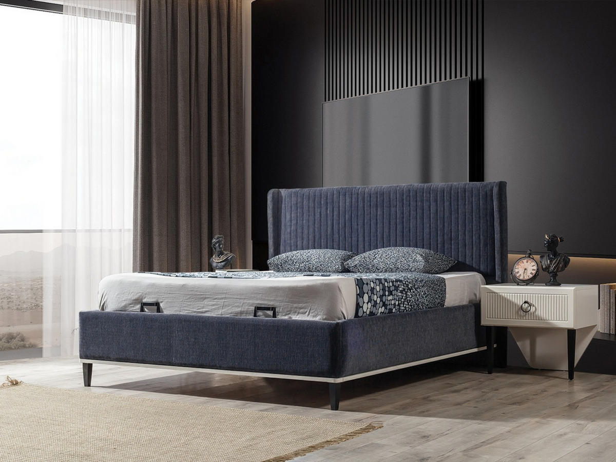 BETTANLAGE SAVANA Schlafzimmer-Set, 5-teilig, Schwarz, Bett mit Kopfteil, 2 Nachttische, Kleiderschrank und Kommode - Schwarz, Holzwerkstoff (160/200cm)