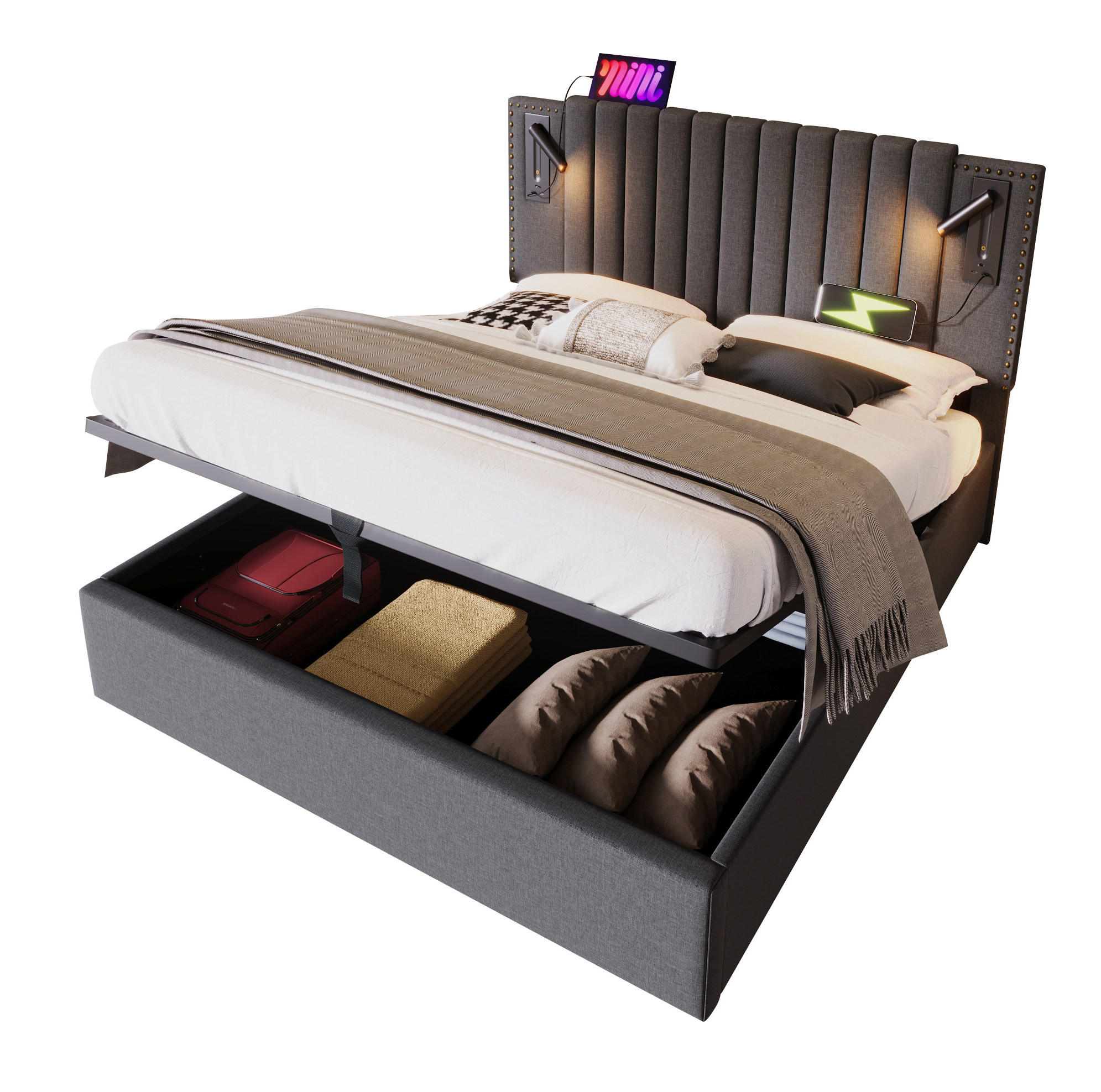 OKWISH ČALOUNĚNÁ postel 140x200 cm šedá z bavlny s LED čtecím světlem, USB a úložným prostorem