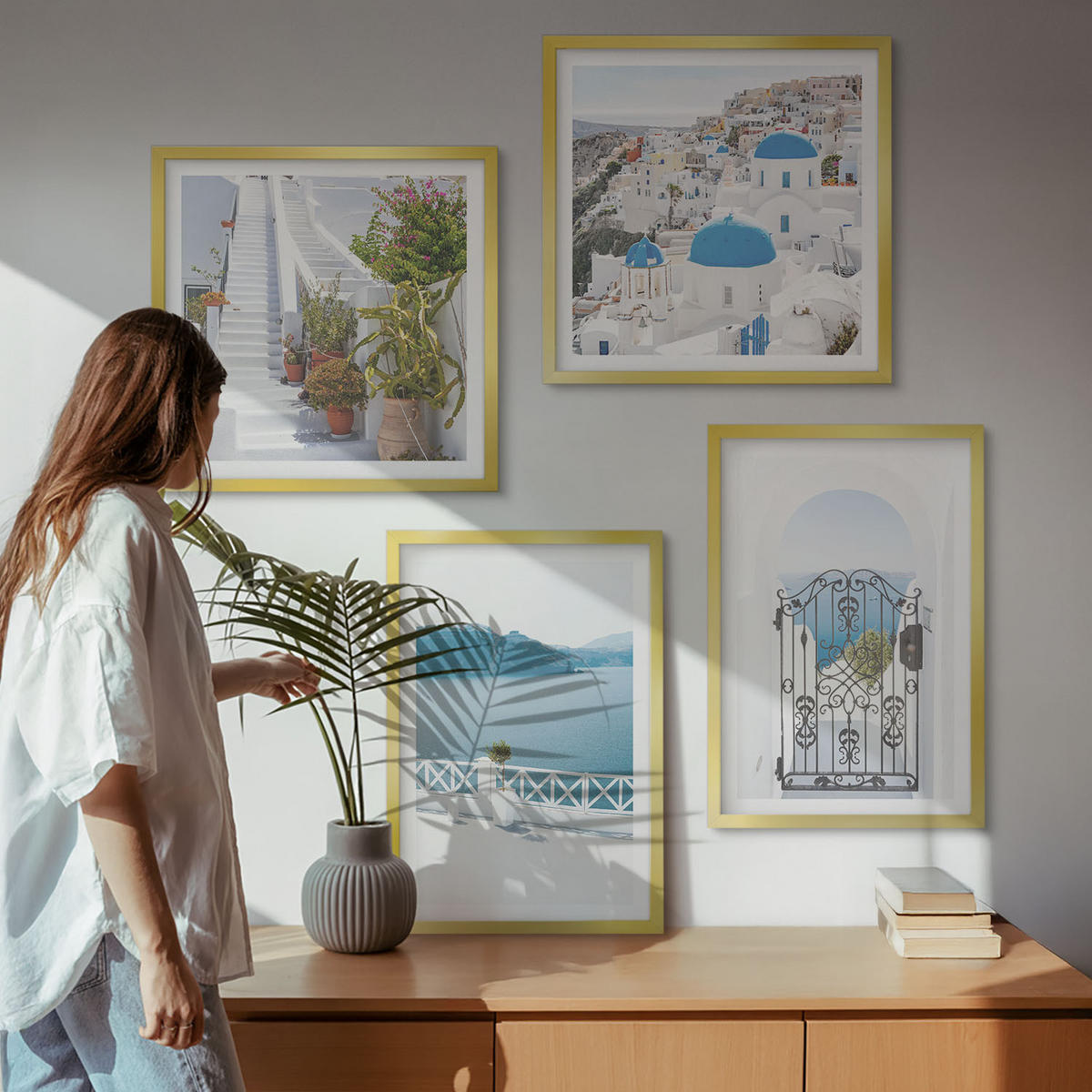 BILDER SET 4er Set - 50x50 cm & 40x60 cm Goldrahmen - Weiße Treppenpflanzen Meer - Goldfarben, Kunststoff (50/50cm) - TULUP