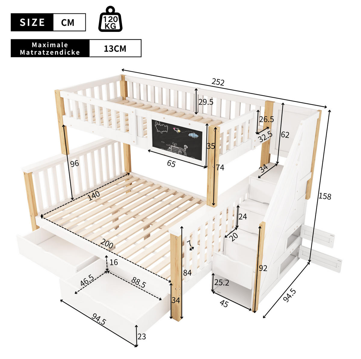 ETAGENBETT aus Massivholz und MDF 90x200/140x200 cm Weiß/helle Eiche mit Stauraumtreppe, Schubladen und Tafel - Weiß, Holz (90/200cm) - IVMEU