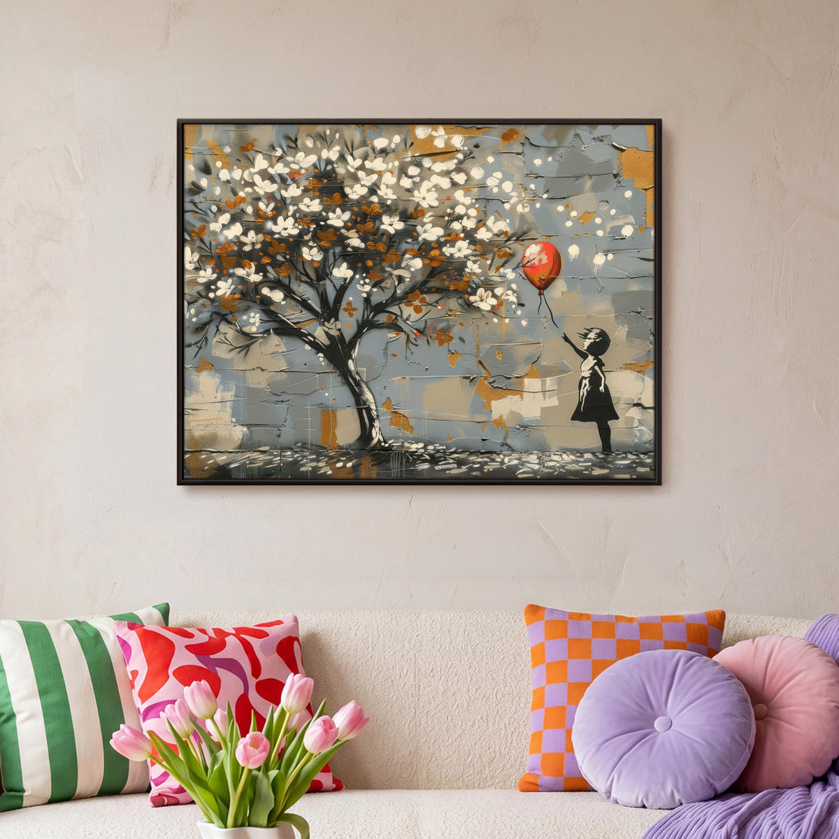 LEINWAND Bilder mit Rahmen - Baum - Graffiti - Banksy-Stil - Ballon-Mädchen - 80x60 - Blaugrau, Textil (80/60cm) - MuchoWow