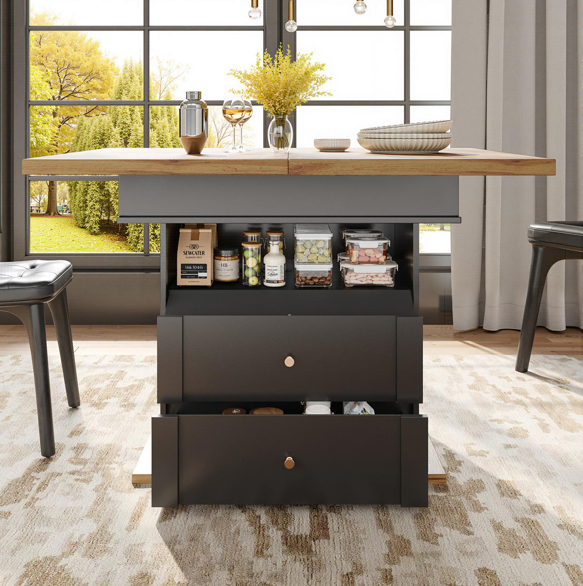 ESSTISCH aus MDF 110-140x80x75 cm Schwarz/Natur ausziehbar mit Stauraum und magnetischer Klapptür - Schwarz, Holzwerkstoff (110/80/75cm) - Modfu