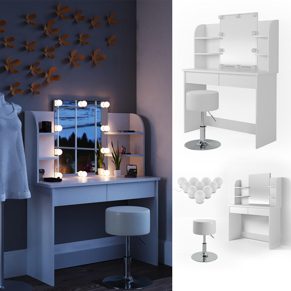 SCHMINKTISCH Charlotte Weiß 108 cm + LED und Hocker - Weiß, Holzwerkstoff (108/139/40cm) - Vicco