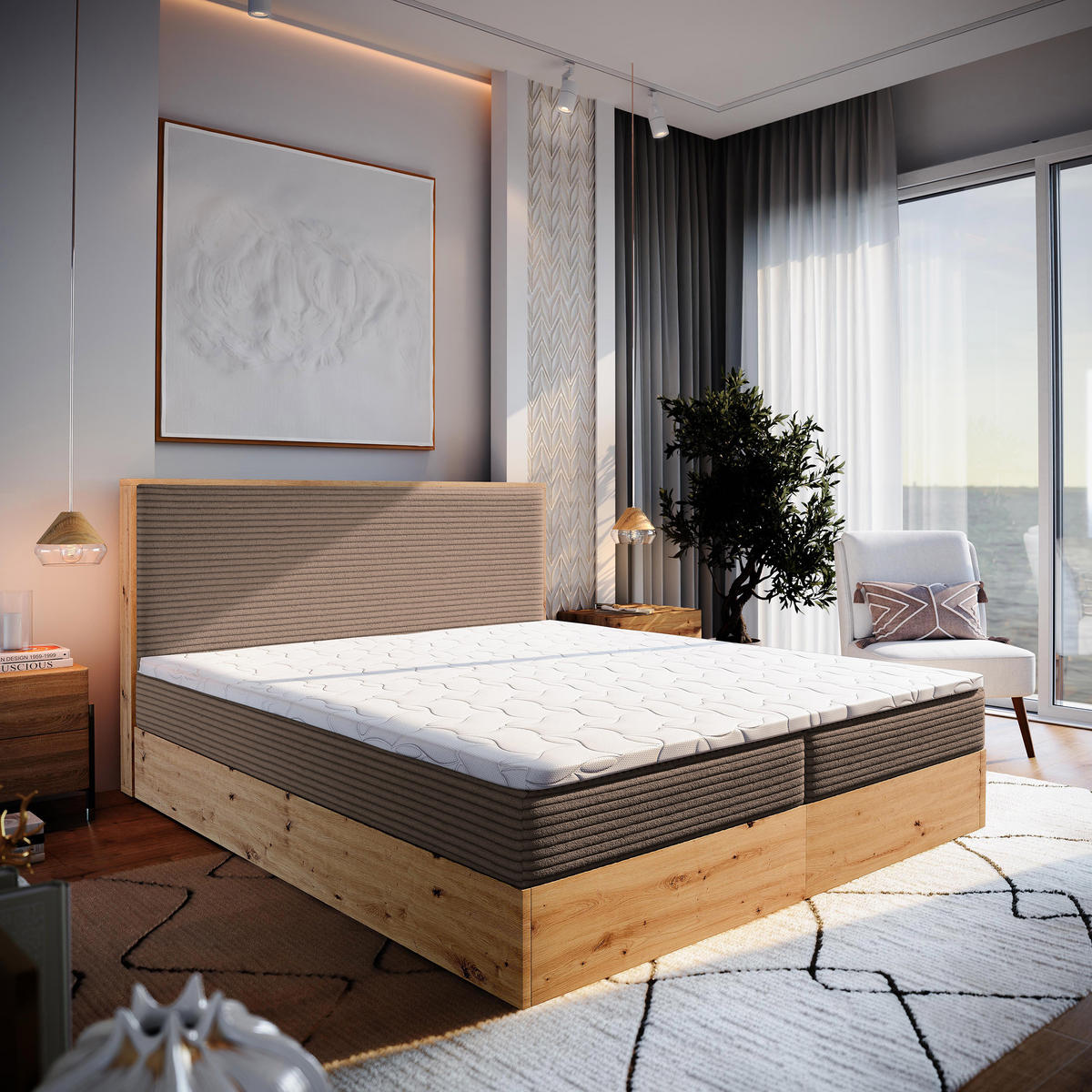 POSTEL BOXSPRING VERDON 160x200 cm, s matrací a úložným prostorem, hnědá - hnědá, kompozitní dřevo/textil (160/200cm) - MASSENO