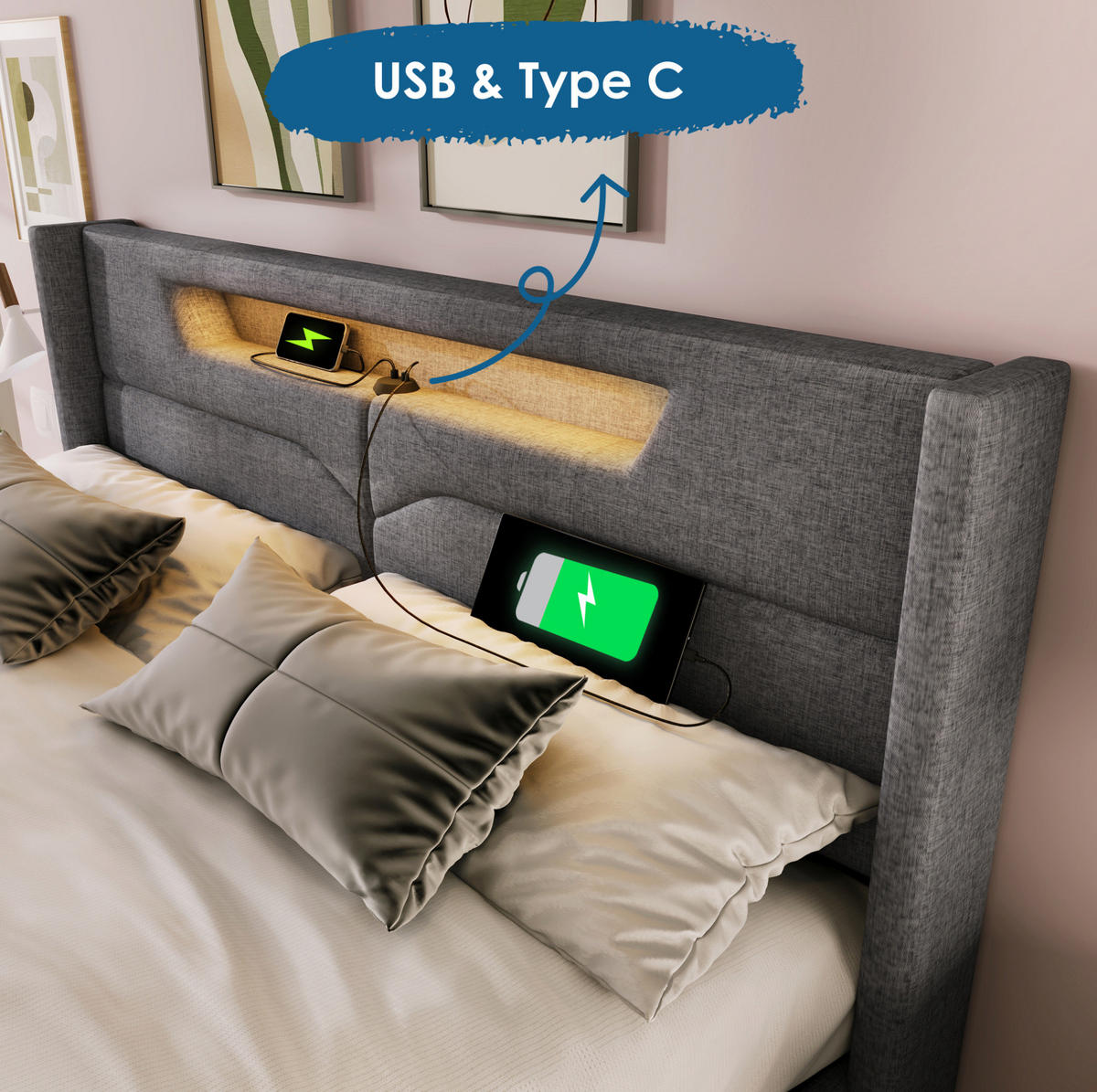 POLSTERBETT 90/200 cm aus Samt mit LED-Kopfteil USB Typ-C und Bettkasten Grau - Grau, Textil (90/200cm) - Modenvie