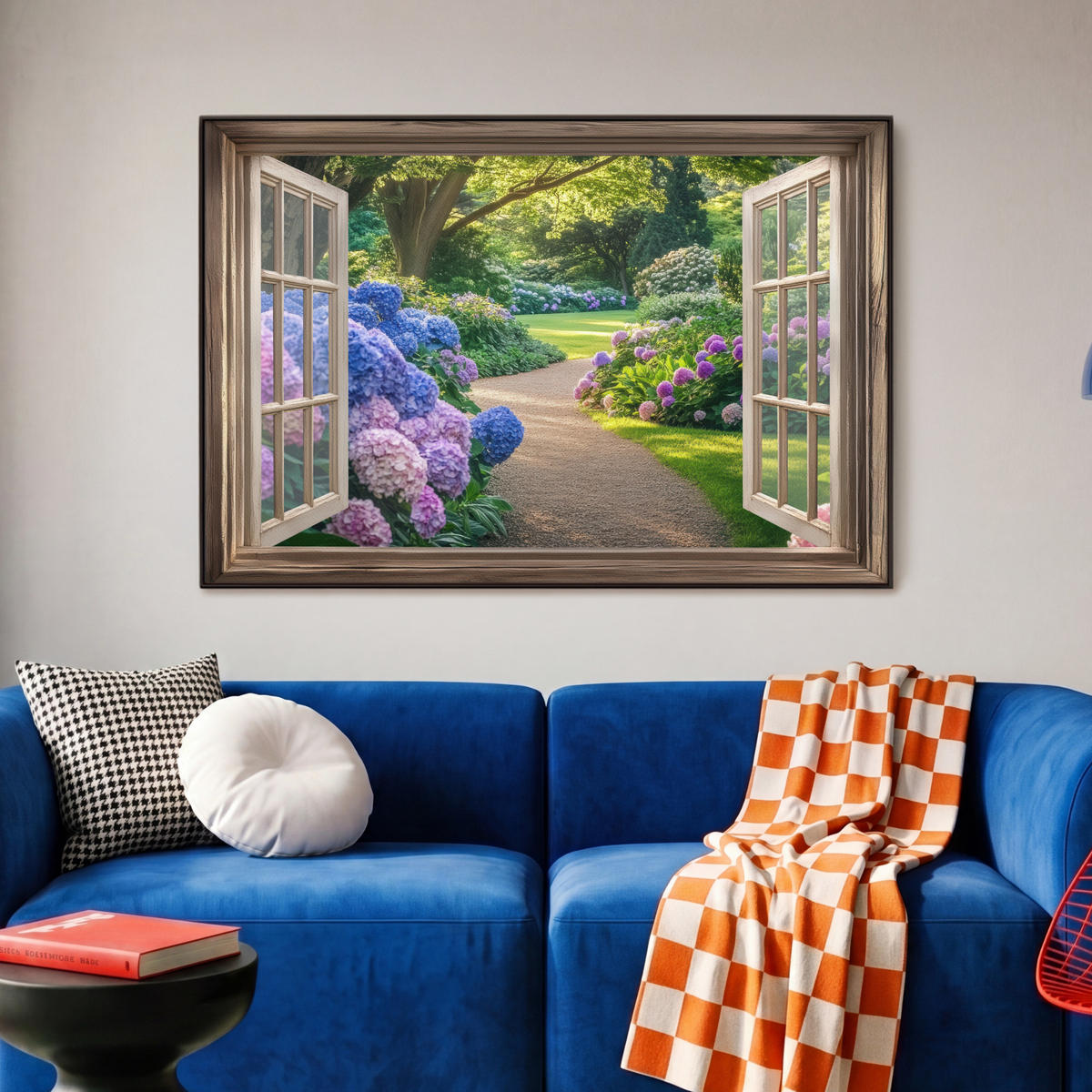 LEINWAND Bilder mit Rahmen - Aussicht - Garten - Fenster - Hortensie - Blumen - 90x60 - Pastellblau, Textil (90/60cm) - MuchoWow