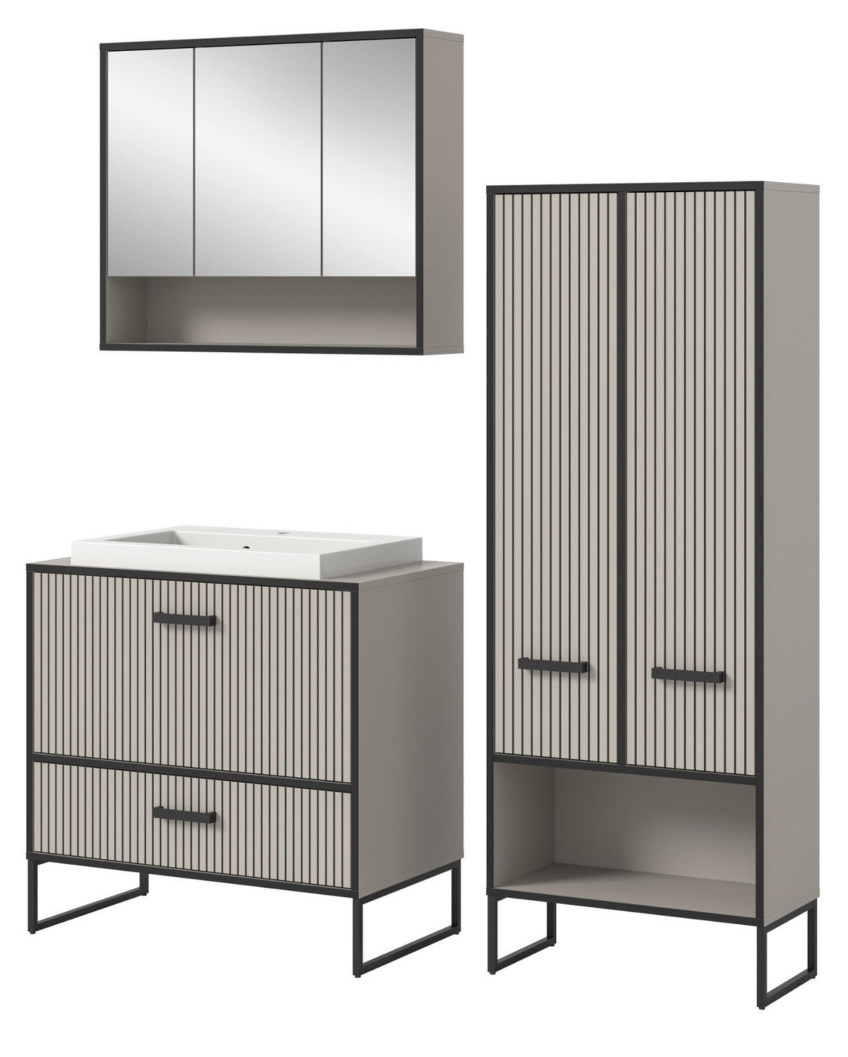 BADMÖBEL-SET schwarz, sand mit Waschbecken 154 cm, Kombination mit Soft-Close - Sandfarben/Schwarz, Glas/Keramik (154/192/48cm) - Inn.Furn