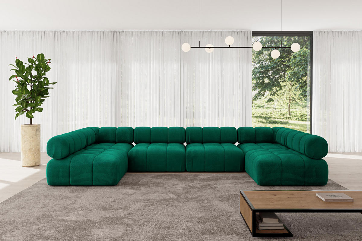 WOHNLANDSCHAFT modulares Sofa Garvo-U2 - 380x190x70 cm Dunkelgrün Velours - Dunkelgrün, Holzwerkstoff/Textil (380/70/190cm) - ALTDECOR