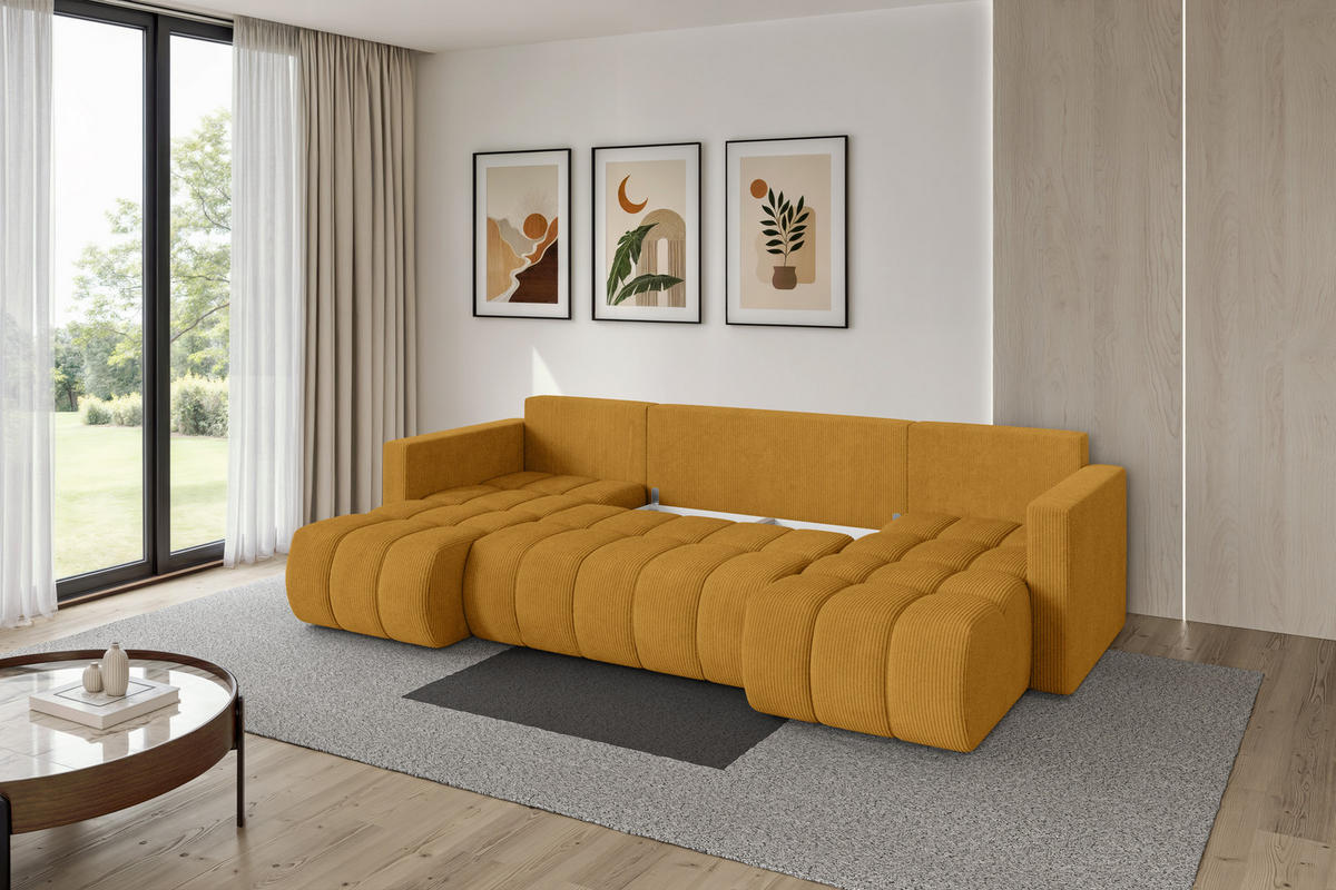 SEDACÍ SOUPRAVA DO U s funkcí spaní a úložným prostorem GARD-U 300x146x85 hořčicově žlutá manšestr - černá/tmavě žlutá, kompozitní dřevo/textil (300/85/146cm) - ALTDECOR