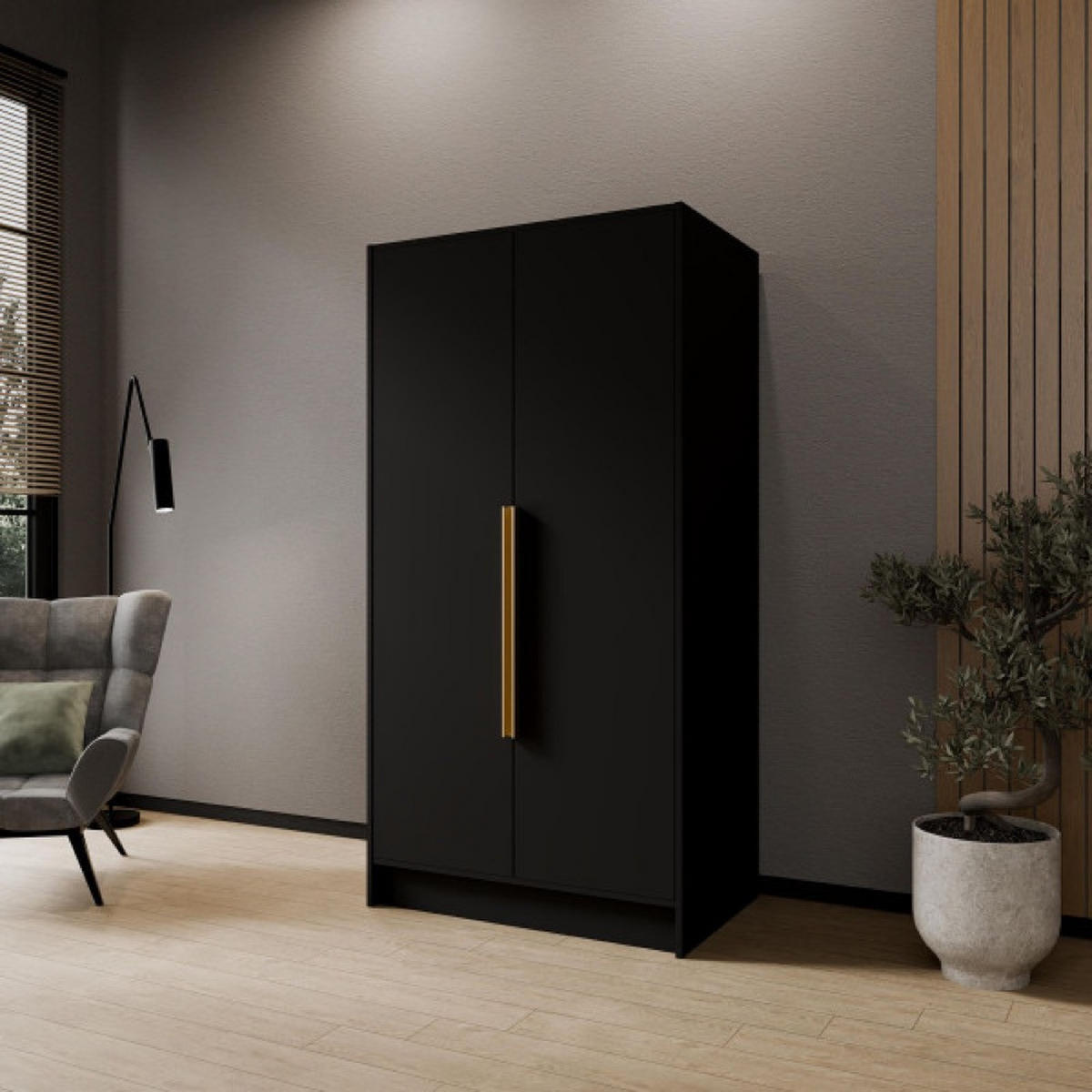 SCHRANK Schwarz ORTO 100 g Glatt Ohne Spiegel Mit Goldenen Griffen - Goldfarben/Schwarz, Holzwerkstoff (102/200/51cm) - Sepro Meble