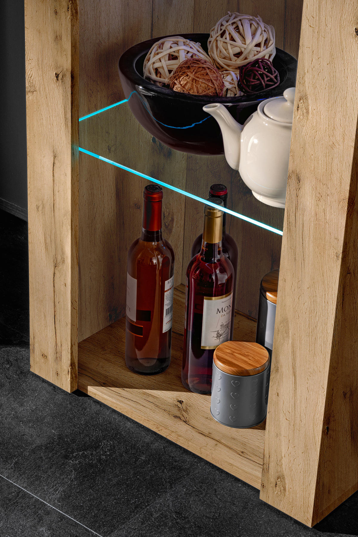 VITRINE TIVOLI, Eiche Wotan + Eiche Wotan, LED Blau - Eiche Wotan, Glas/Holzwerkstoff (55/159/35cm) - Komodee
