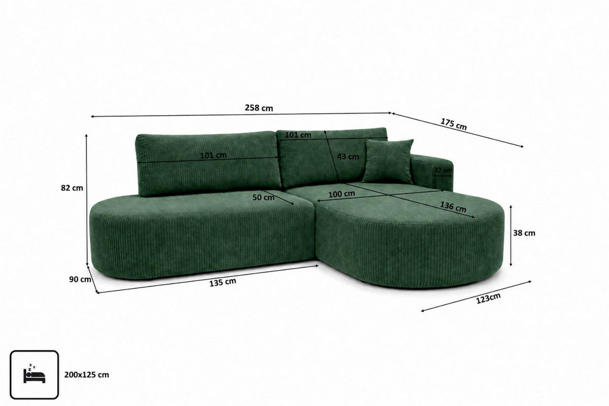ROHOVÁ SEDAČKA s funkcí spaní a úložným prostorem, manšestrová tkanina Poso, Zelená, Pravá strana, ROUND ONE OPEN XL - zelená barva, dřevo (258/175cm) - Kaiser Möbel