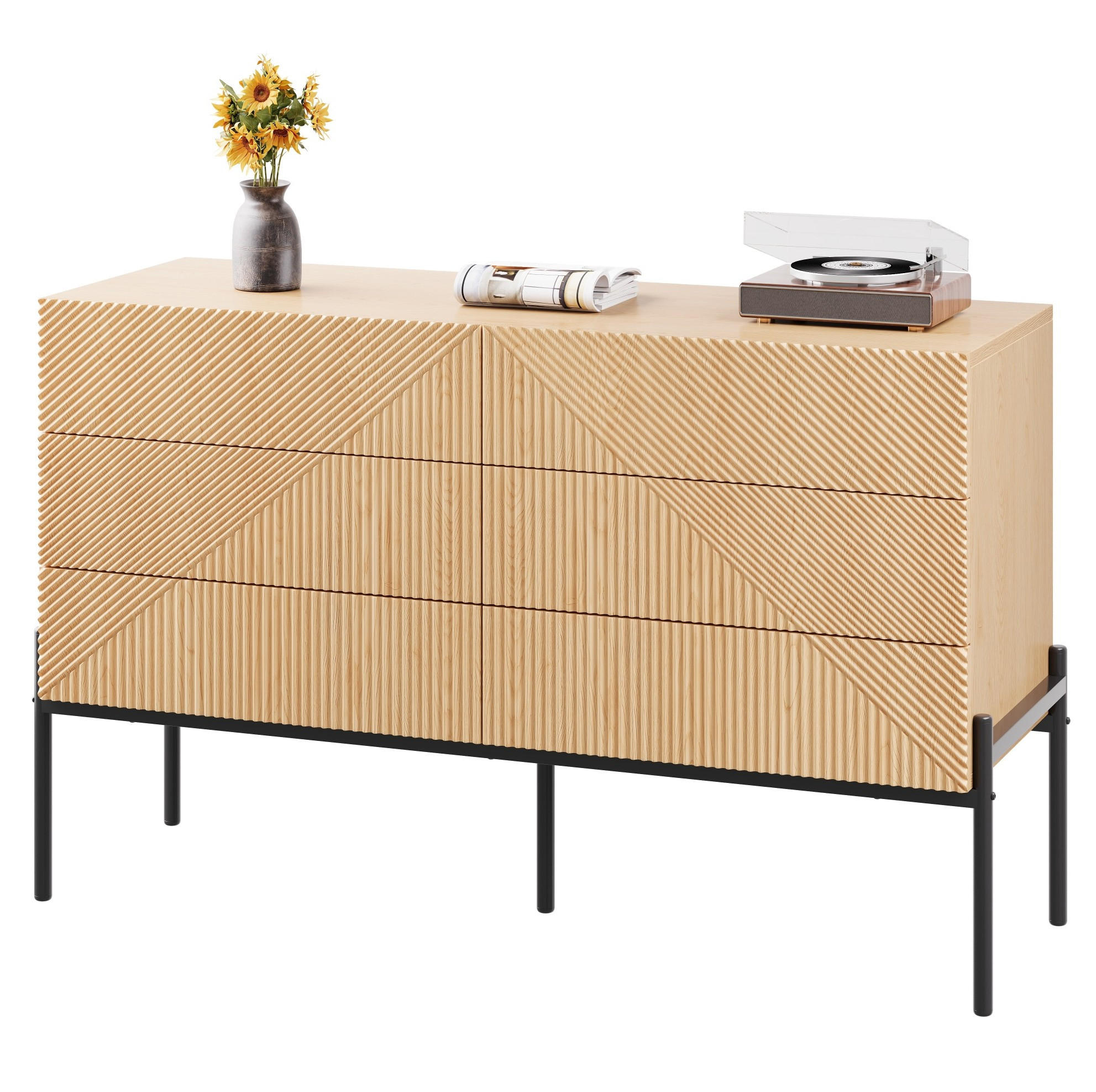 OKWISH KOMODA 115,5/38/75 cm přírodní z MDF se šesti zásuvkami a geometrickým reliéfem