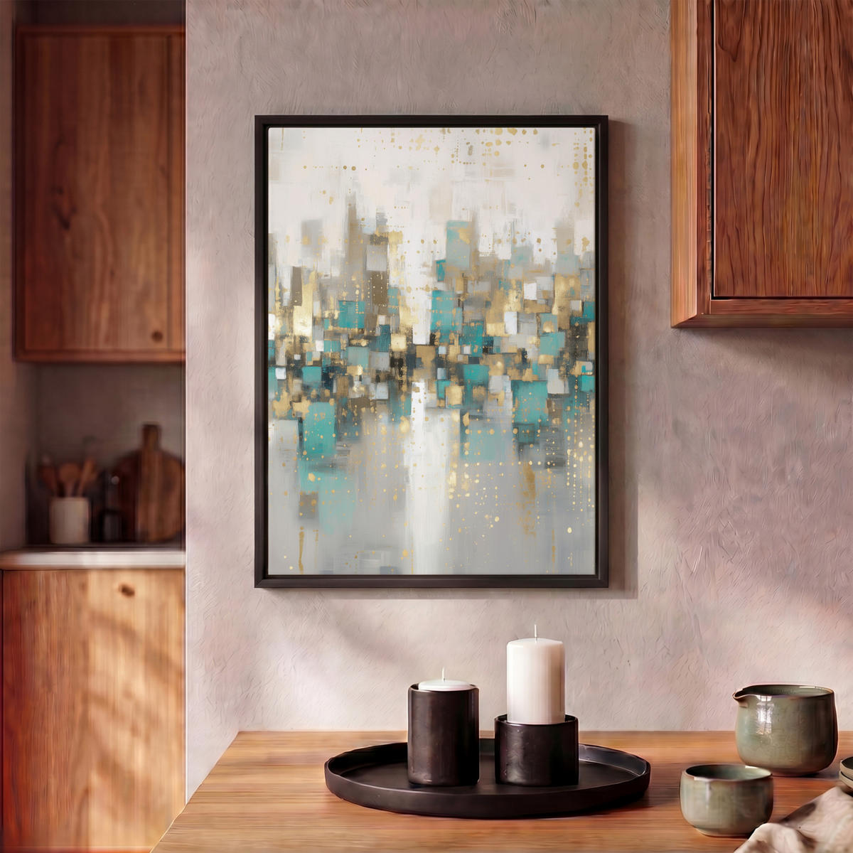 LEINWAND Bilder mit Rahmen - Abstrakt - Blöcke - Gold - Skyline - 30x40 - Beige, Textil (30/40cm) - MuchoWow