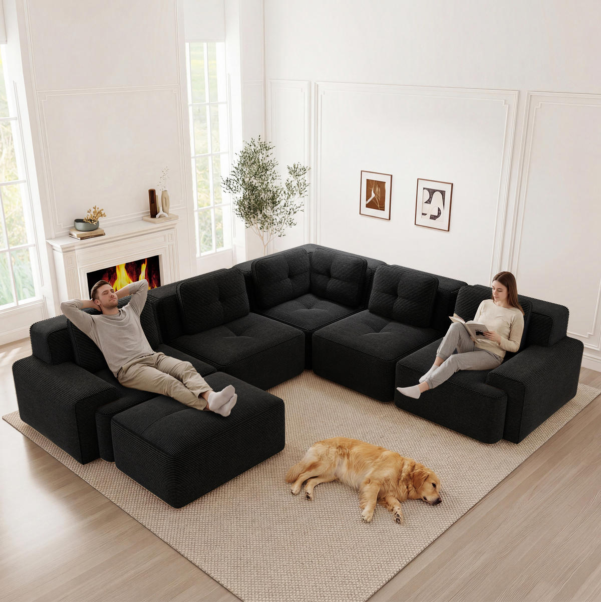 ECKSOFA modular mit tiefer Sitzfläche Cord Schwarz - Schwarz, Kunststoff (177/386.1cm) - Meubliv