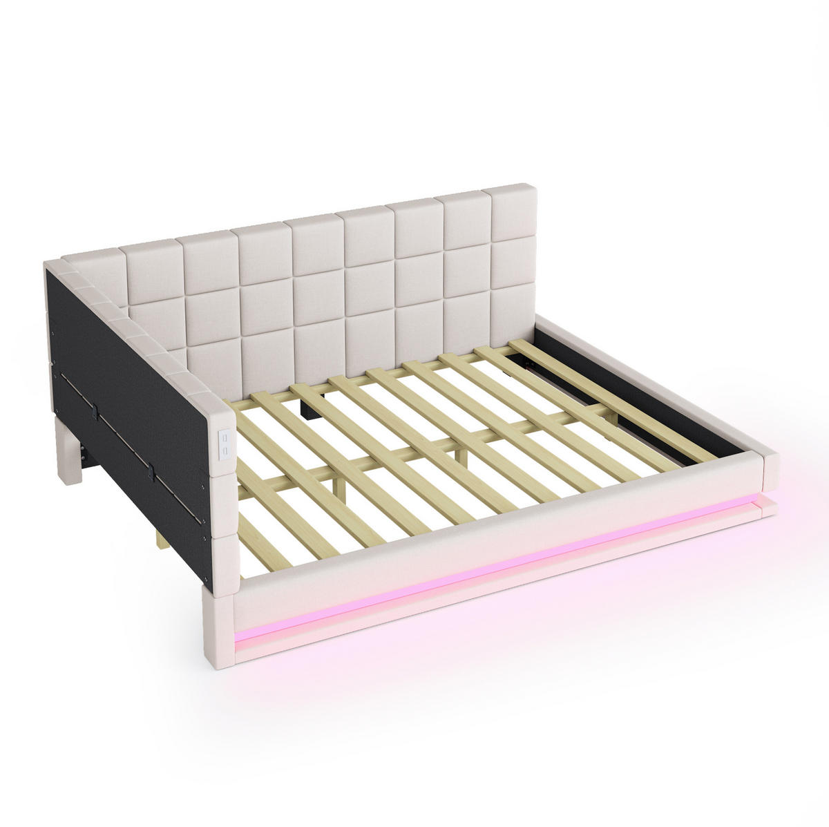 POLSTER-POLSTERBETT aus Leinenstoff 160x200 cm Beige mit LED-Beleuchtung, USB-Anschluss und Lattenrost - Beige, Textil (160/200cm) - Modfu