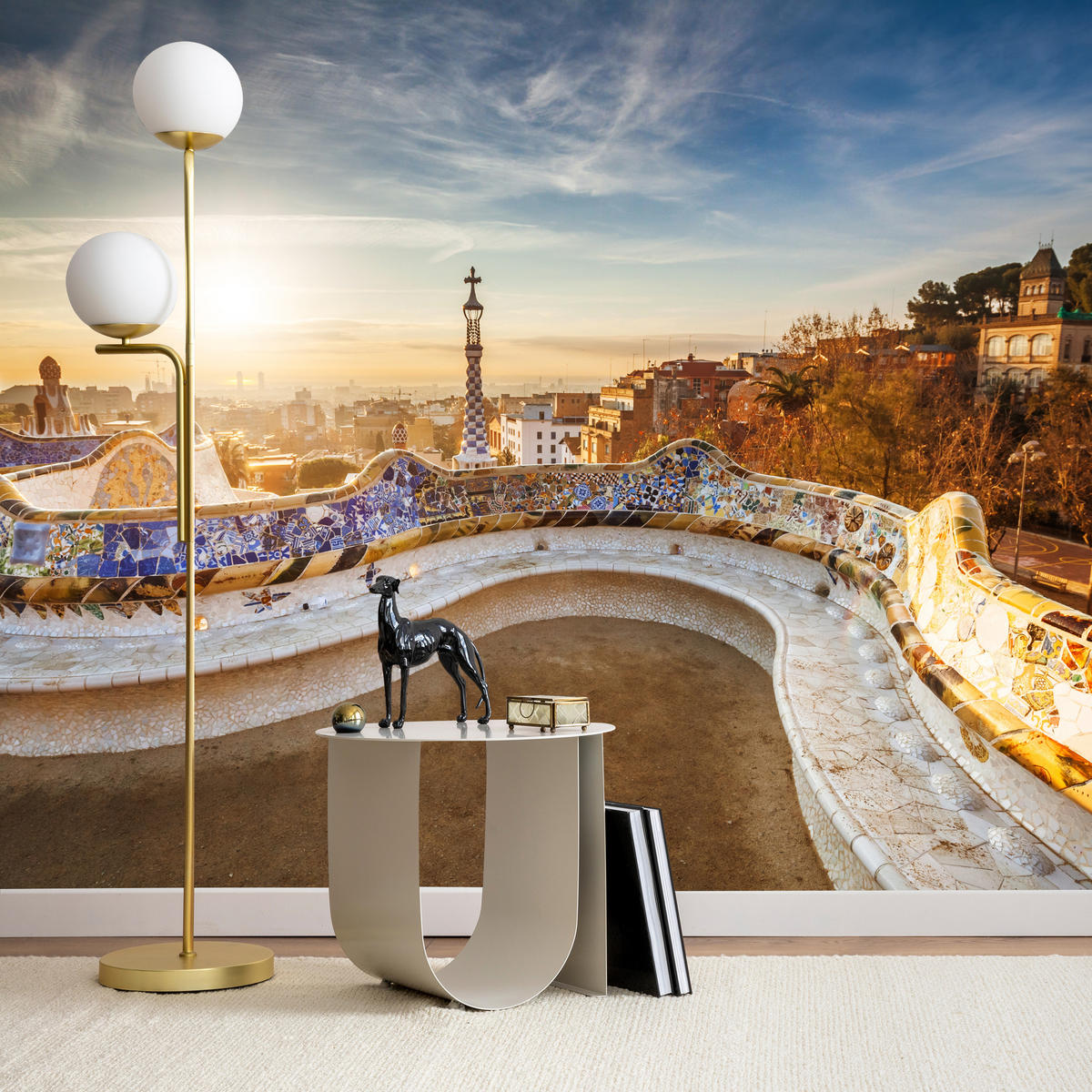 FOTOTAPETE für Wohnzimmer Sonnenaufgang Barcelona Denkmäler 400x280 - Gelb/Beige, Papier (400/280cm) - Muralo