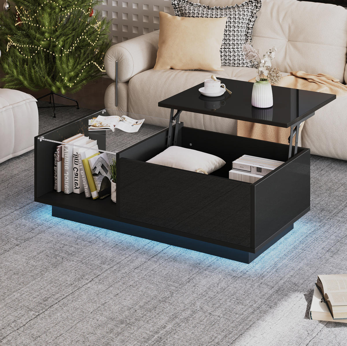 COUCHTISCH mit LED und Stauraum 100 x 50 cm Hochglanz Schwarz - Schwarz, Holzwerkstoff (100/50/33cm) - Meubliv