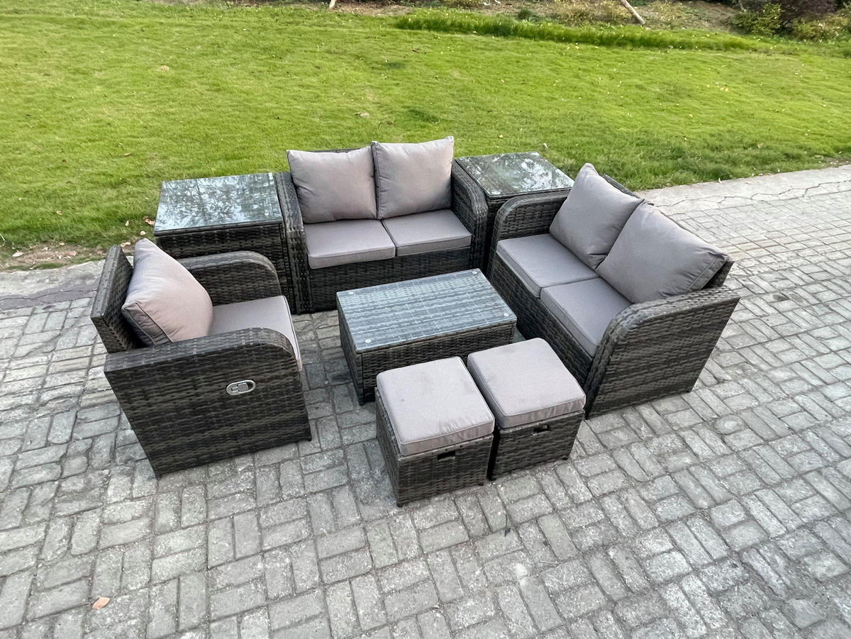LOUNGESOFA-SET Polyrattan Dunkelgrau 8-Sitzer - Dunkelgrau, Metall - Fimous