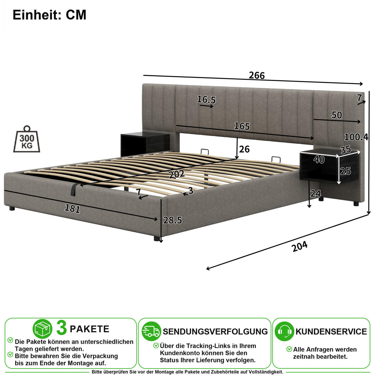POLSTERBETT 180/200 cm in Grau & Schwarz mit Bettkasten, 2 Nachttischen und Leinen - Schwarz/Grau, Holzwerkstoff/Textil (180/200cm) - CHICFURN