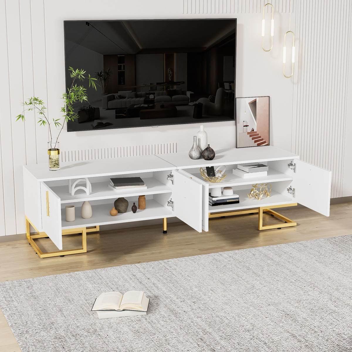 TV-ELEMENT170CM weißLowboard mit strukturierter Tür und goldenen Füßen - Weiß, Holz (52.98/22.99/60.68cm) - Raelunyi
