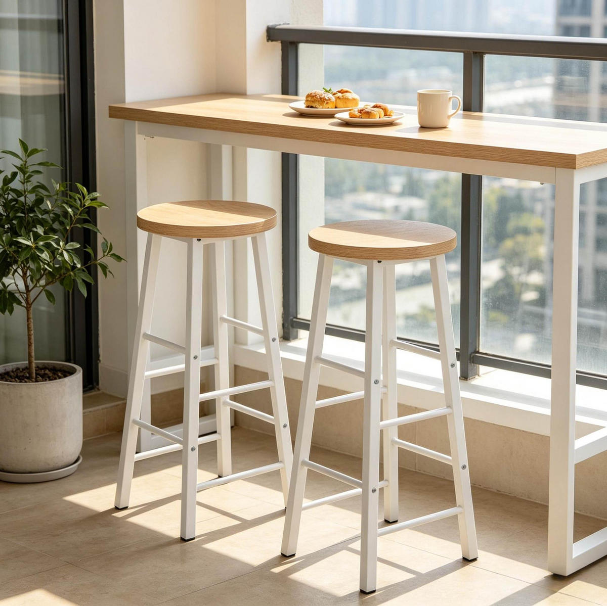 BARHOCKER 2er-Set mit Fußlehne Eichefarben - Eichefarben, Metall (30/71/30cm) - MIVRAY