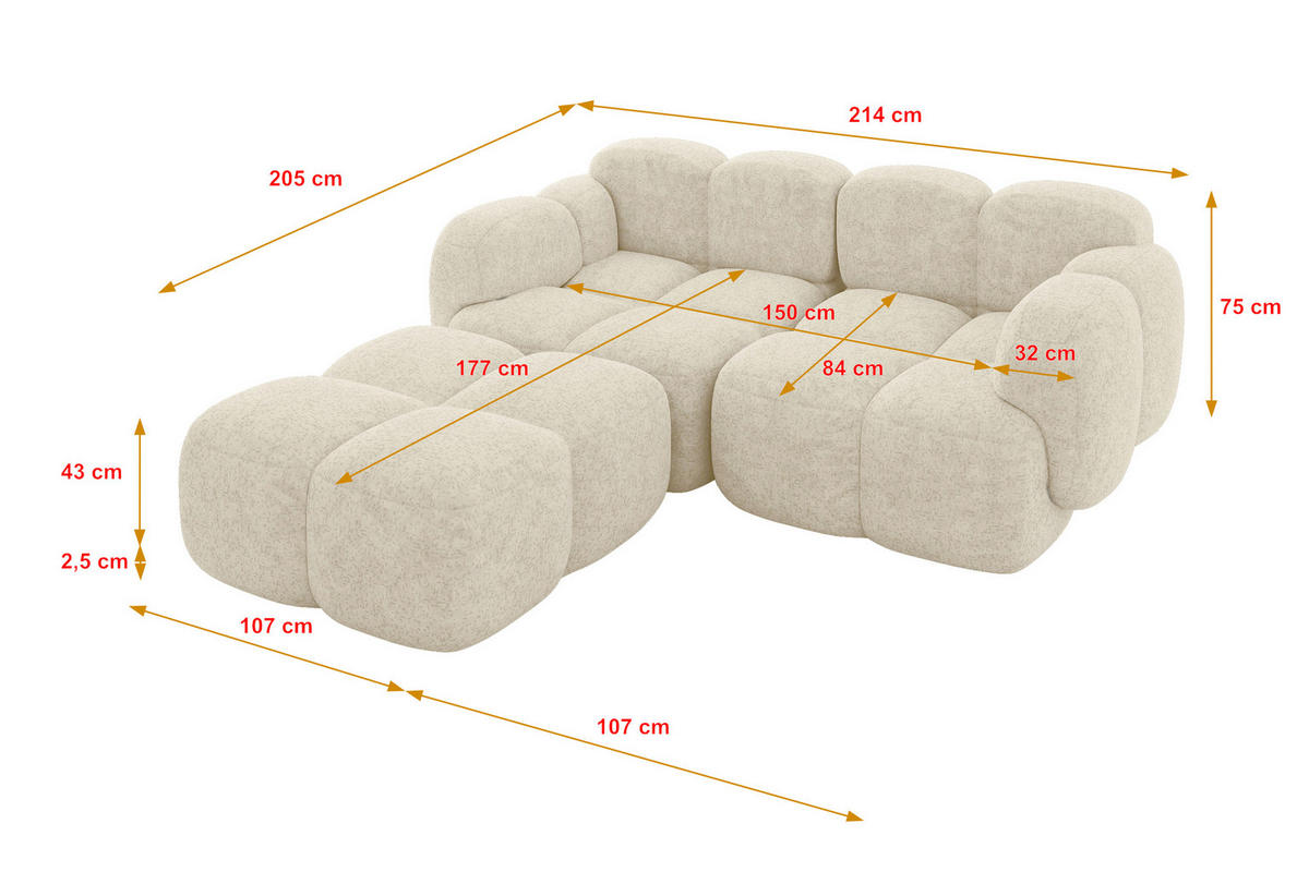 ECKSOFA modulares Sofa Links Miko-L1 214x205x75 Creme Velours - Creme/Schwarz, Holzwerkstoff/Kunststoff (214/205cm) - ALTDECOR