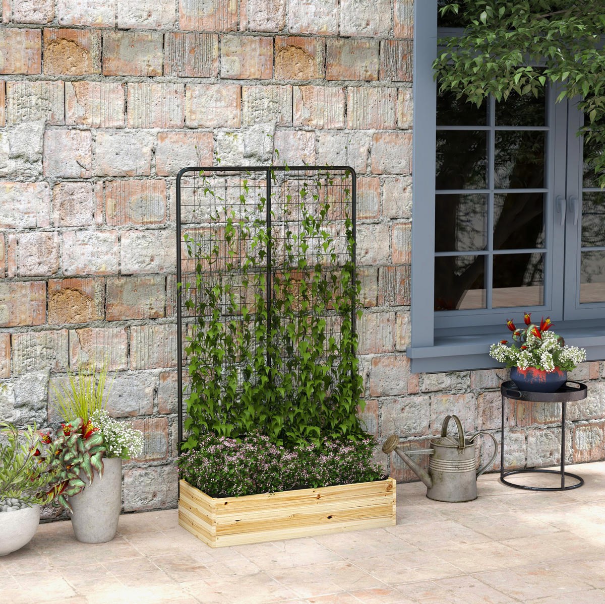 BLUMENKASTEN aus Tannenholz & Metall 80x38x145 cm Naturholz mit Rankgitter - Naturfarben, Metall (38/145/80cm) - Modfu