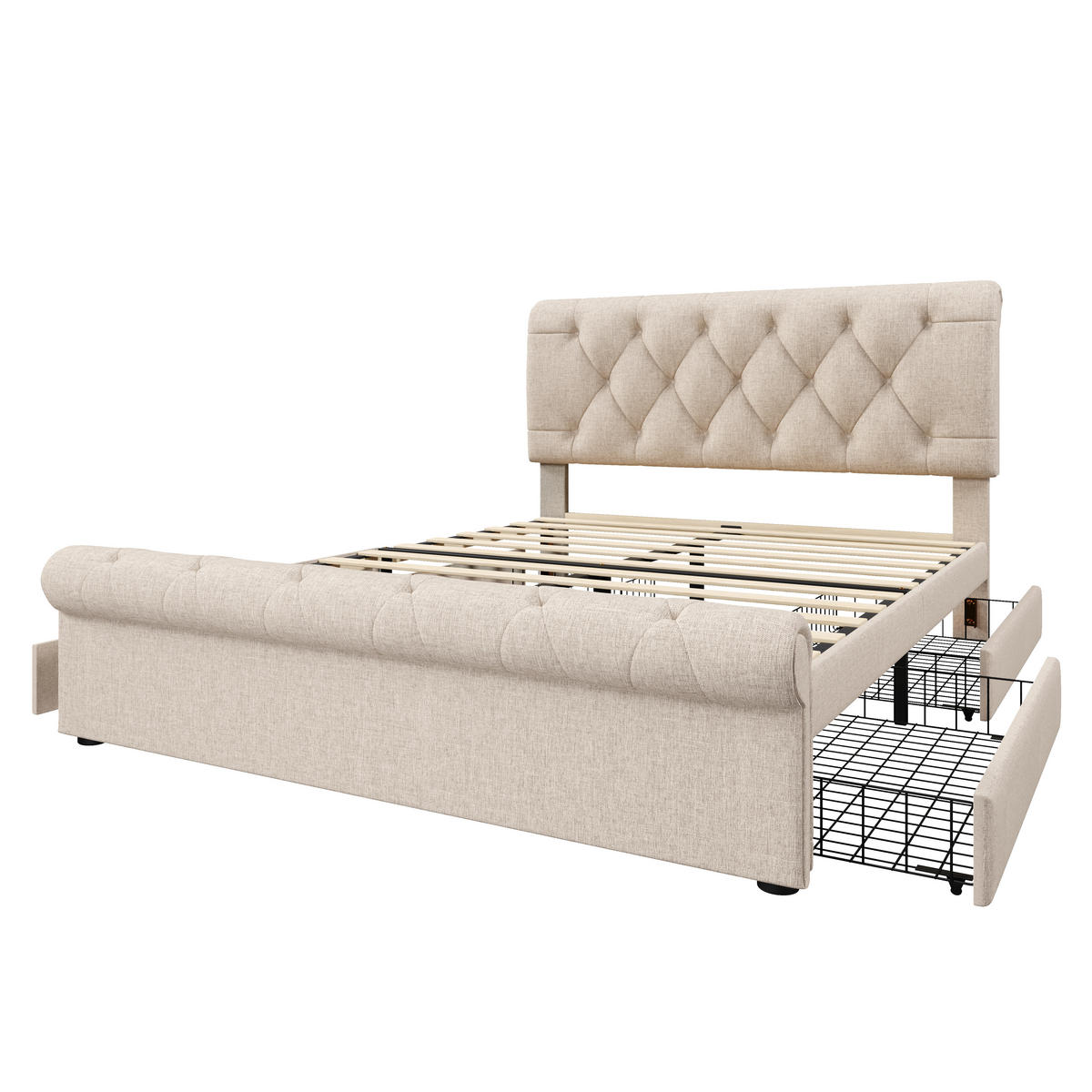 POLSTERBETT 140/200 cm Natur mit 4 Schubladen und höhenverstellbarem Kopfteil - Naturfarben, Metall (140/200cm) - OKWISH