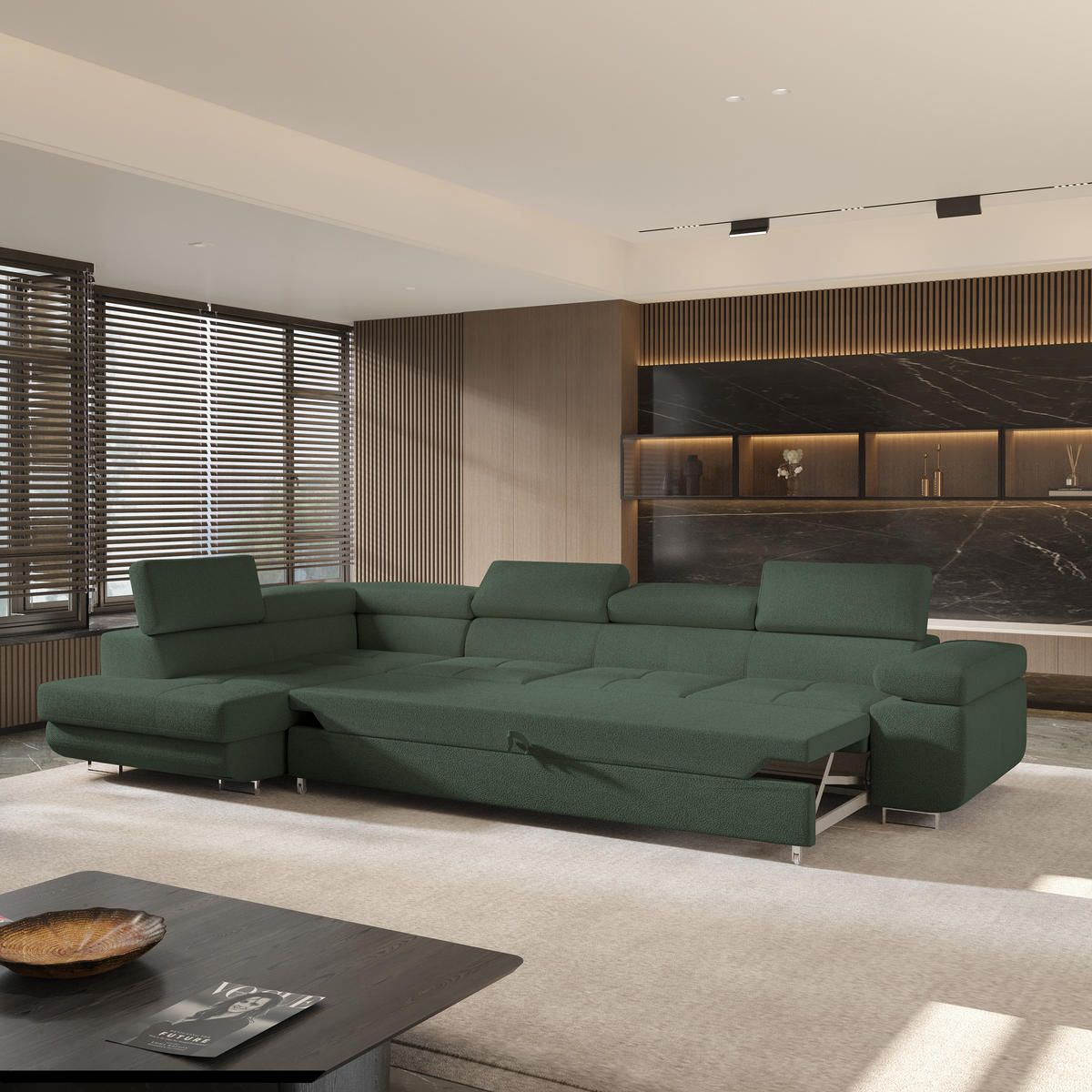 ECKSOFA VICENTE Grün Boucle-Stoff mit Schlaffunktion - Grün, Holz (346/202cm) - MASSENO