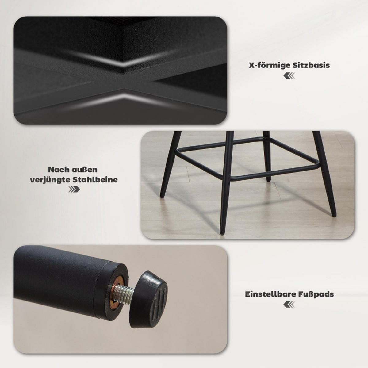 BARHOCKER DE-36052 2er Set mit Cordbezug und Stahlbeinen Grau - Grau, Metall (49/88/52cm) - ComfortXL