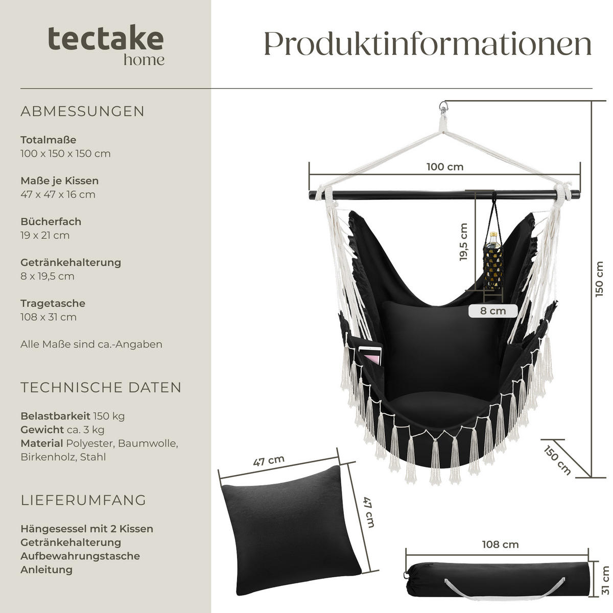 HÄNGESESSEL Malika,inkl. Tragetasche, ca. 100 x 150 x 150 cm,schwarz - Schwarz, Kunststoff/Metall (100/150/150cm) - tectake