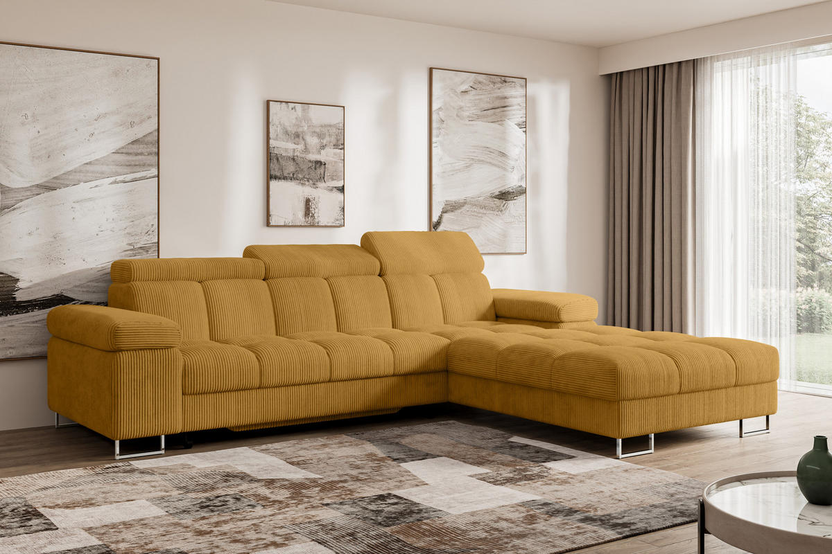ECKSOFA mit Schlaffunktion Ottomane Rechts COMA L 271x203x79 Senfgelb Cord - Honig, Holzwerkstoff/Textil (203/271cm) - ALTDECOR
