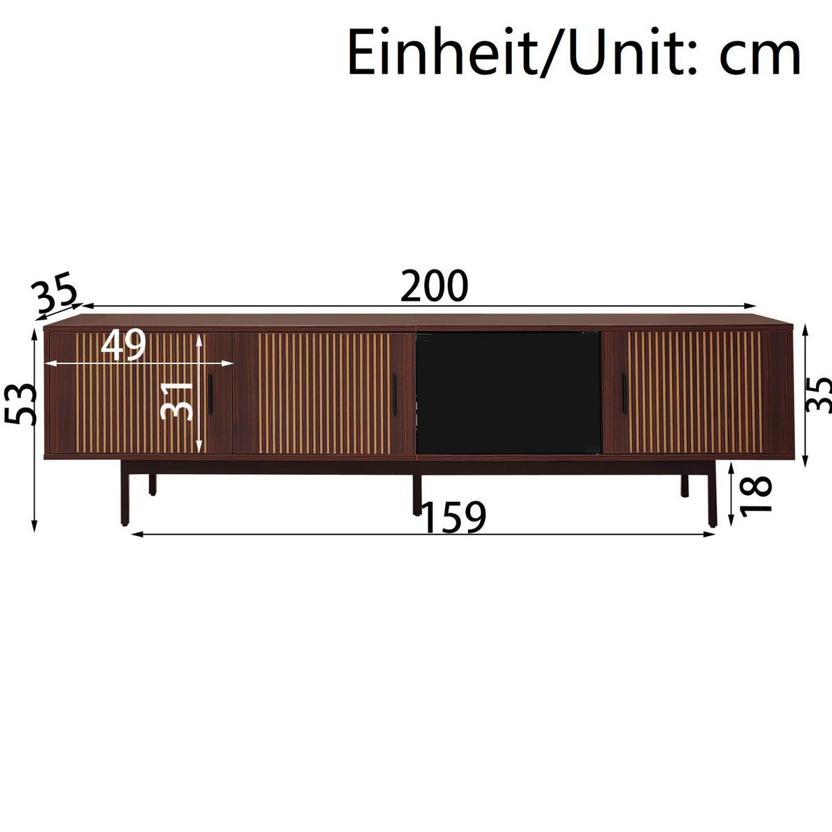 TV Lowboard LED, Strukturfront, Glastür, Schwarz - Schwarz, Holz (200/53/35cm)