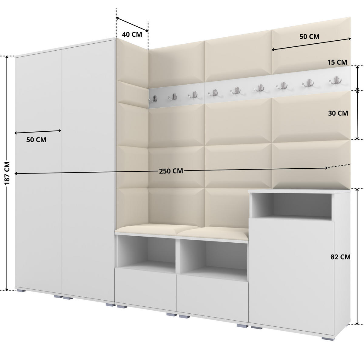 GARDEROBE NELA VIII 250 cm (Modulare Flurmöbel Weiß mit Sitzpolster Creme 01 2 Schränke + Sidelboard) - Silberfarben/Creme, Holz/Holzwerkstoff (250/187/40cm) - Ravio