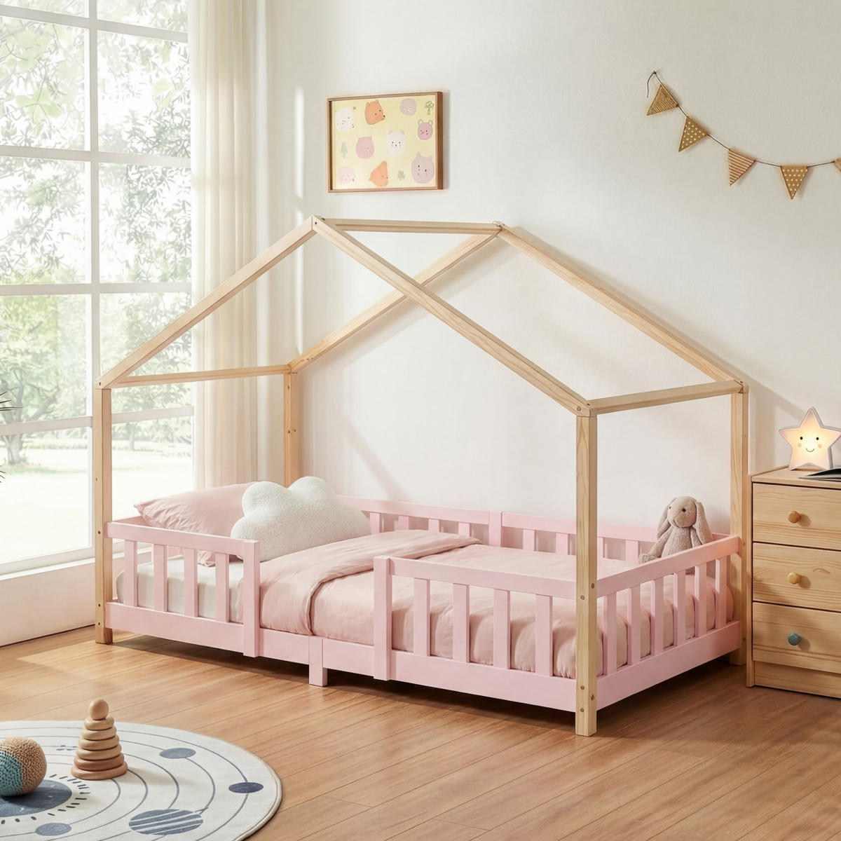 HAUSBETT Treviolo - Pink/Naturfarben, Holz (90/200cm) - [en.casa]