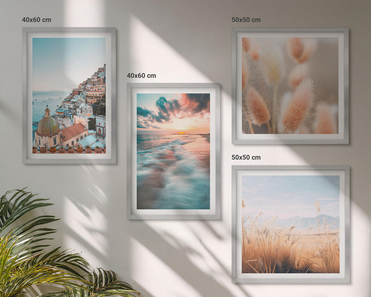 BILDER SET 4er Set - 50x50 cm & 40x60 cm Silberner Rahmen - Sonnenuntergang am Meer, Häuser, Blumen - Silberfarben, Kunststoff (50/50cm) - TULUP
