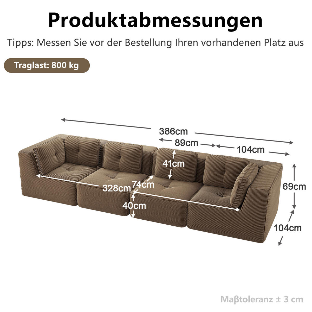 SOFA 386/104/69 cm in Braun aus Cord mit modularer Funktion - Braun, Textil (104/69/386cm) - Flora Grace