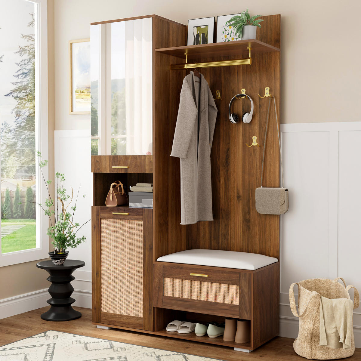 GARDEROBEN-SET in Nussbaumfarben Kleiderschrank-Set mit Schuhschrank, Sitzbank und LED-Beleuchtung , B110/T38/H190cm - Nussbaumfarben, Glas/Holzwerkstoff (110/190/38cm) - STILVORA