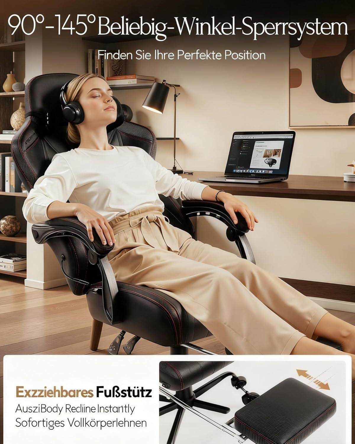 GAMING Stuhl mit Massagefunktion & Lendenwirbelstütze & Nackenstütze - Schwarz, Leder (56/123/70cm)