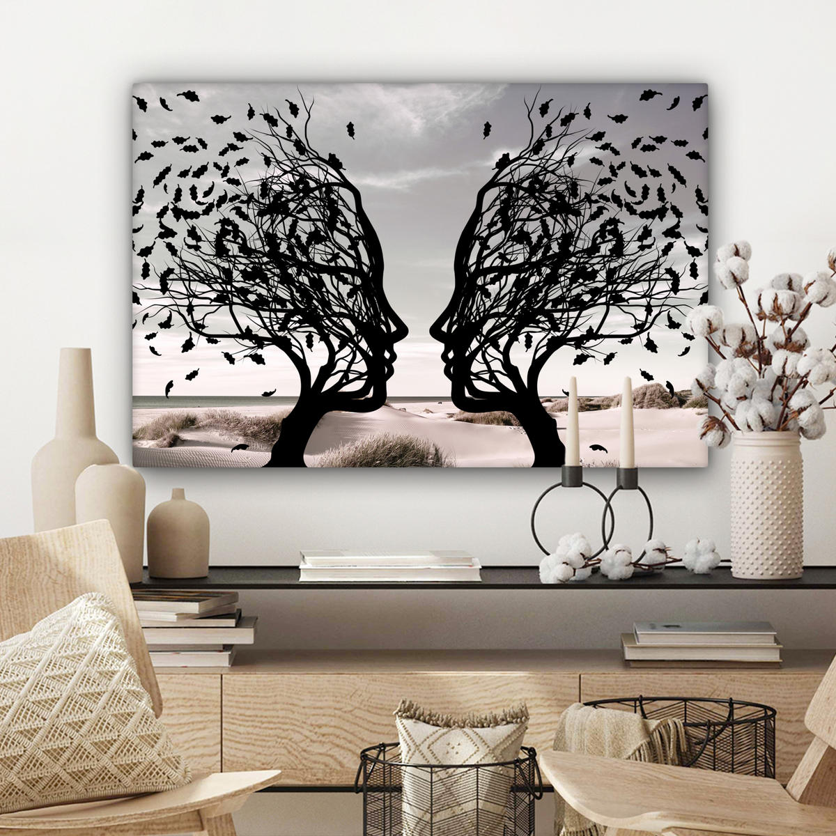 LEINWANDBILD Strand - Meer - Menschen - Baum - Moderne Kunst Gemälde 60x40 cm - Hellgrau, Textil (60/40cm) - MuchoWow