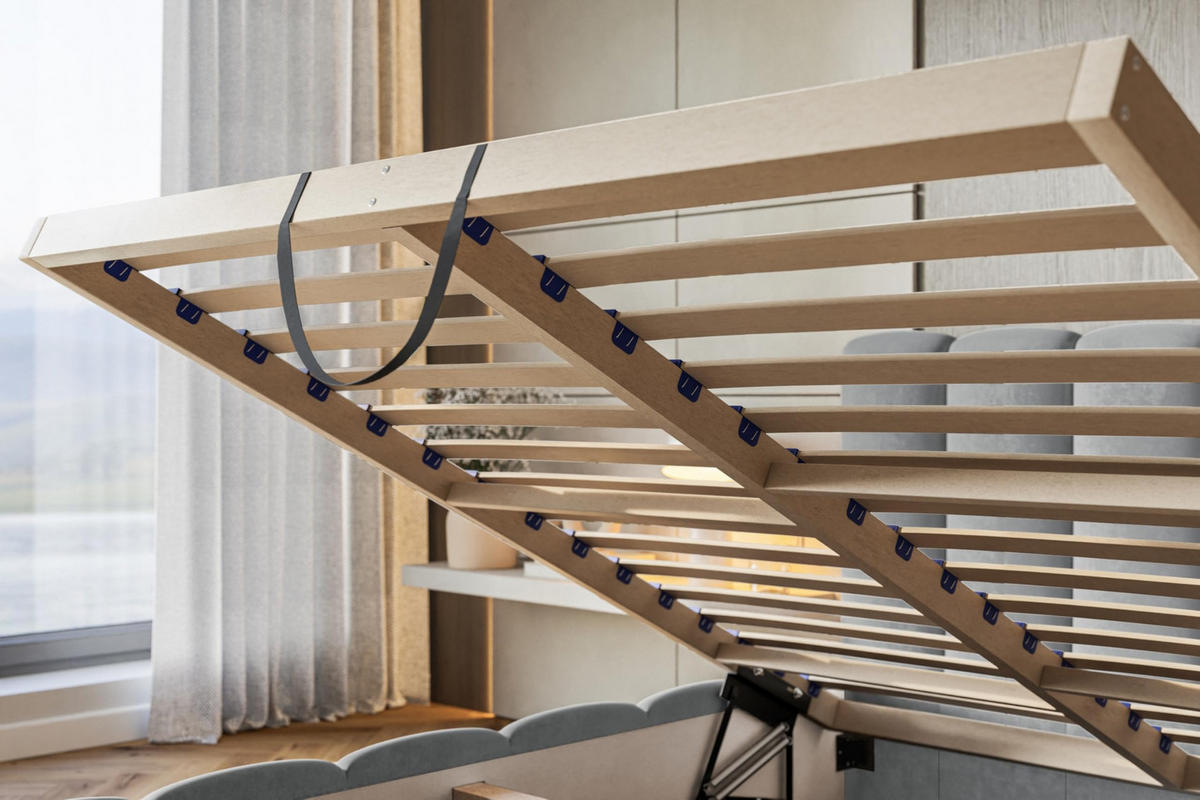 BETT 90x200 - Polsterbett mit Bettkasten und Holzrahmen - Modern Betten - Glatter Kronos-Stoff- Kollektion Lucy - Blau - Blau, Holz/Textil (90/200cm) - Alpi-Möbel