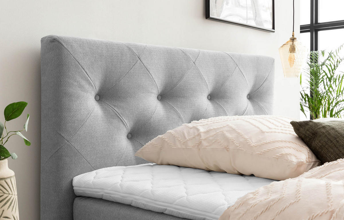 BOXSPRINGBETT MARBO 140x200 Hellgrau H2 und H3 mit Bettkasten 7-Zonen Taschenfederkern Matratze inkl. Visco Topper und Eiche - Hellgrau, Textil (140/200cm) - Belanoti
