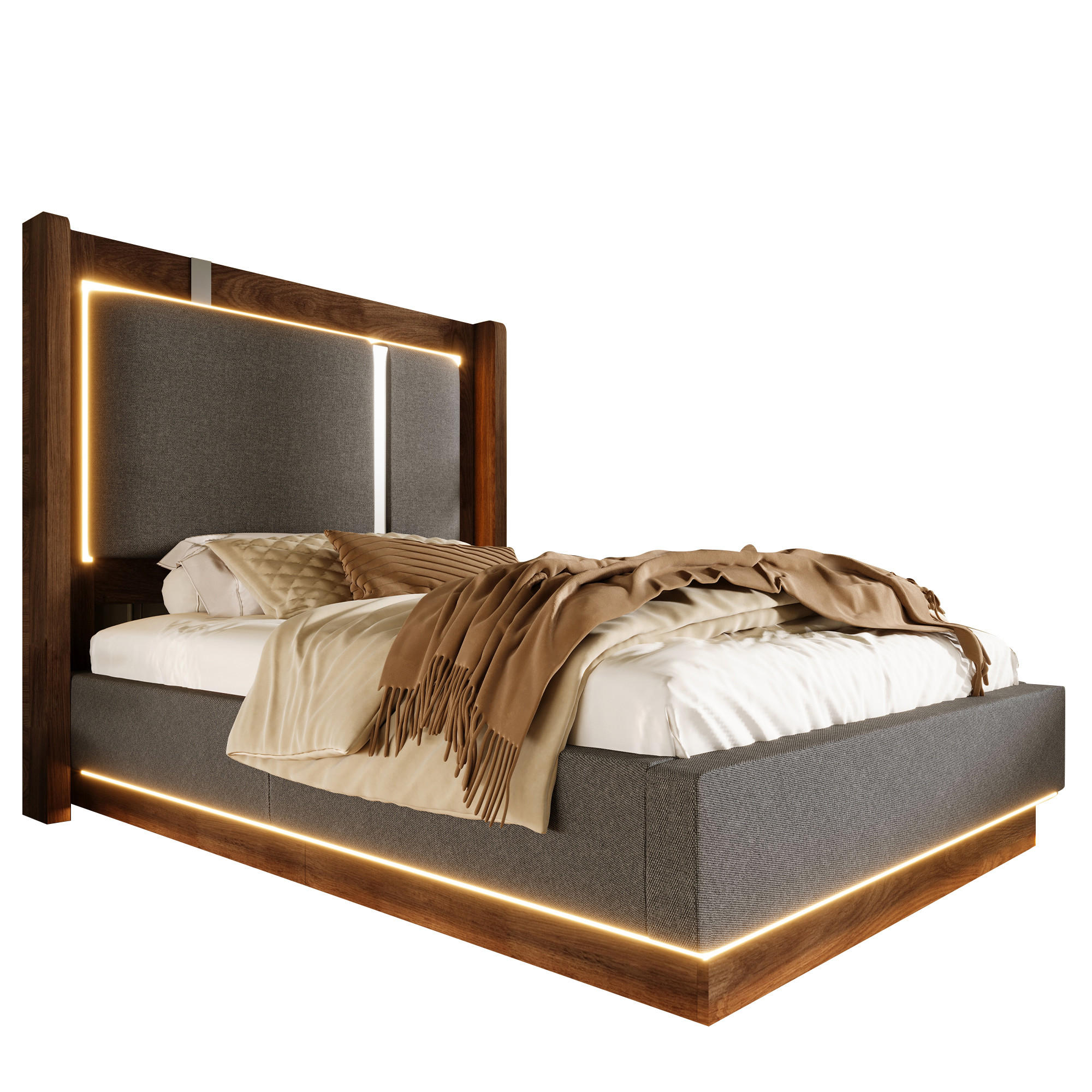 ČALOUNĚNÁ POSTEL 90/200 cm v šedé a ořechové barvě s úložným prostorem a LED - šedá, kov/kompozitní dřevo (90/200cm) - CHICFURN