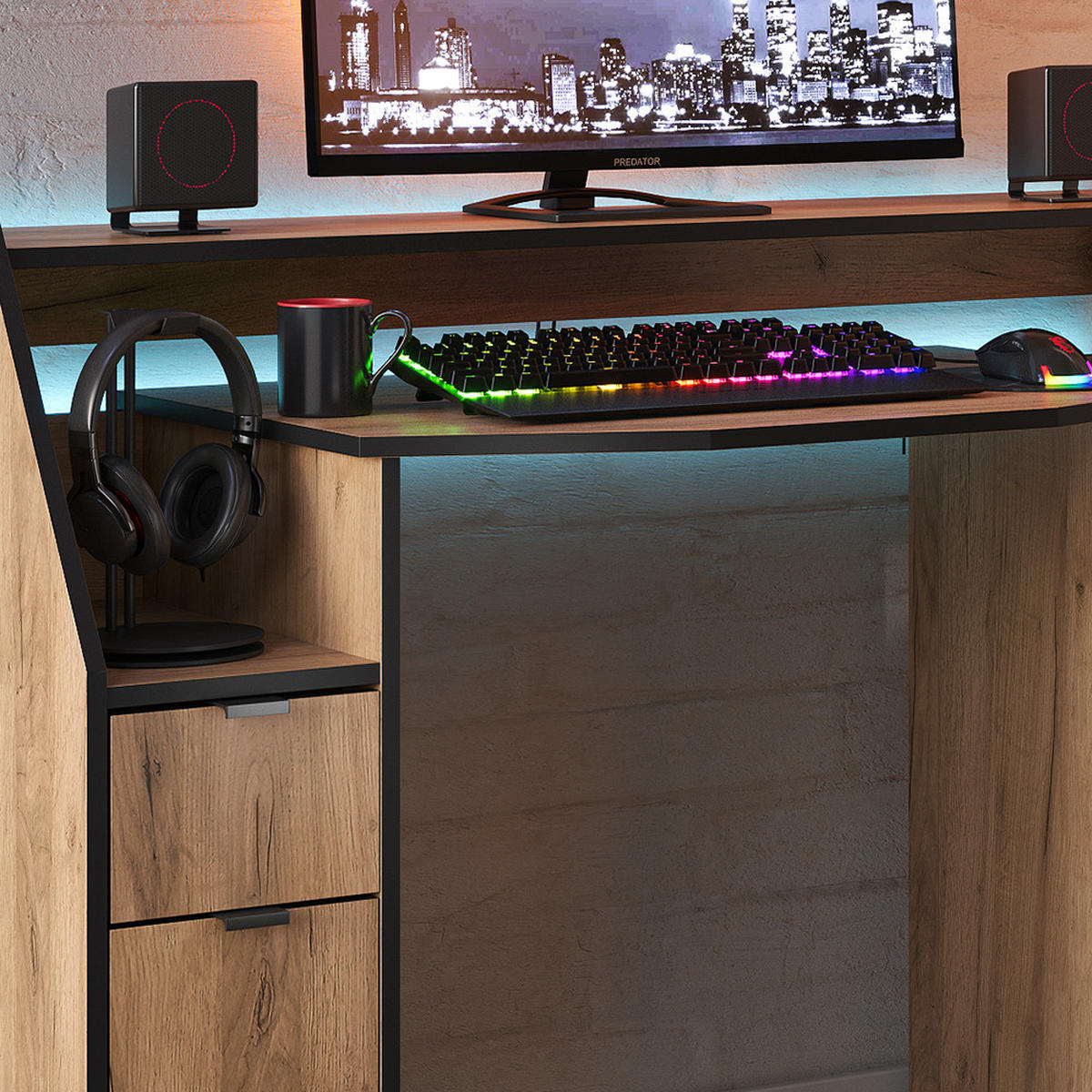 GAMING-TISCH Joel Goldkraft Eiche 123.2 x 45 cm mit 1 Schublade und 1 Tür - Eiche Wotan, Holzwerkstoff (45/123/90cm) - Vicco