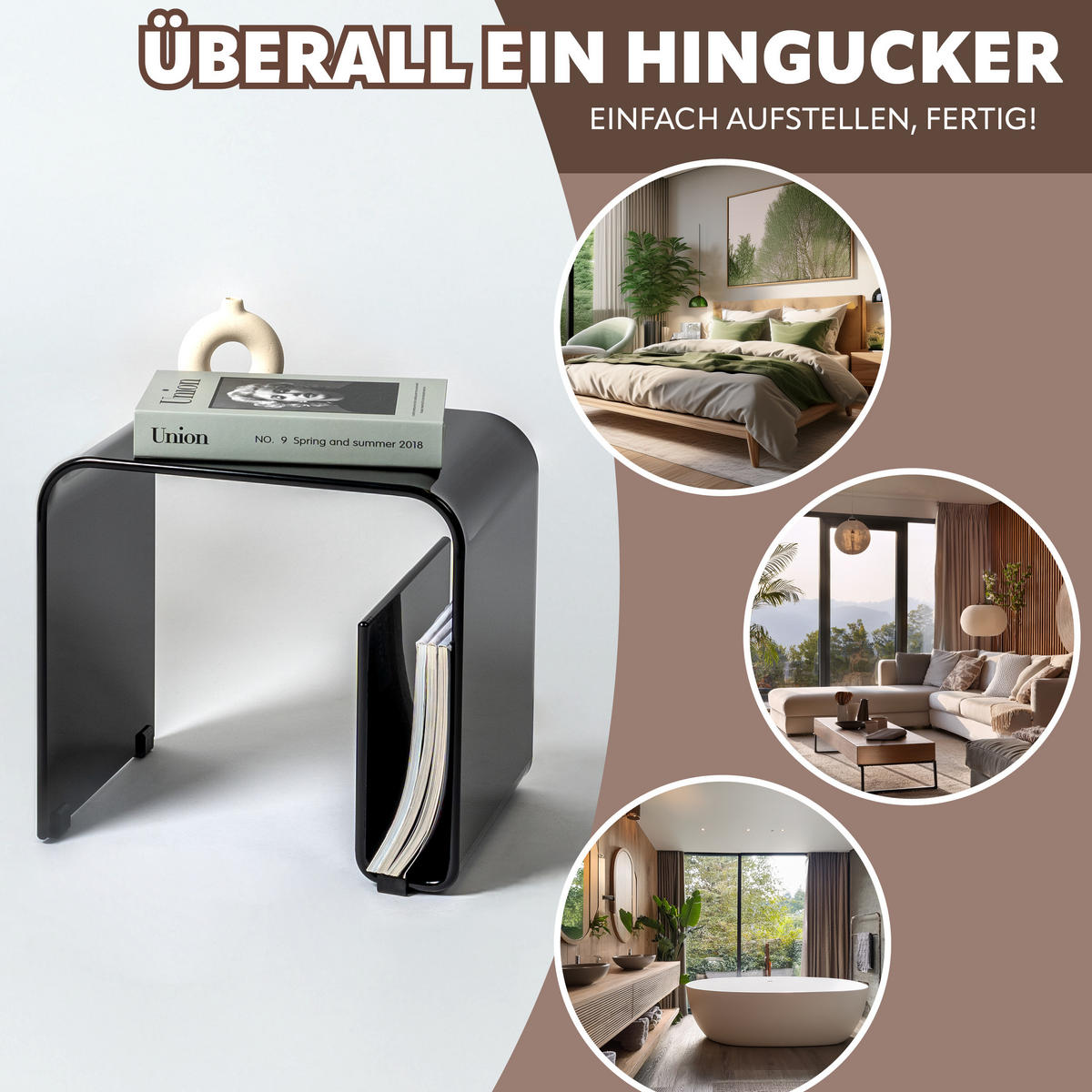 BEISTELLTISCH MIT MAGAZINHALTER Acryl schwarzglänzend - Schwarz Hochglanz, Kunststoff (30/38.5/35.5cm) - eluno