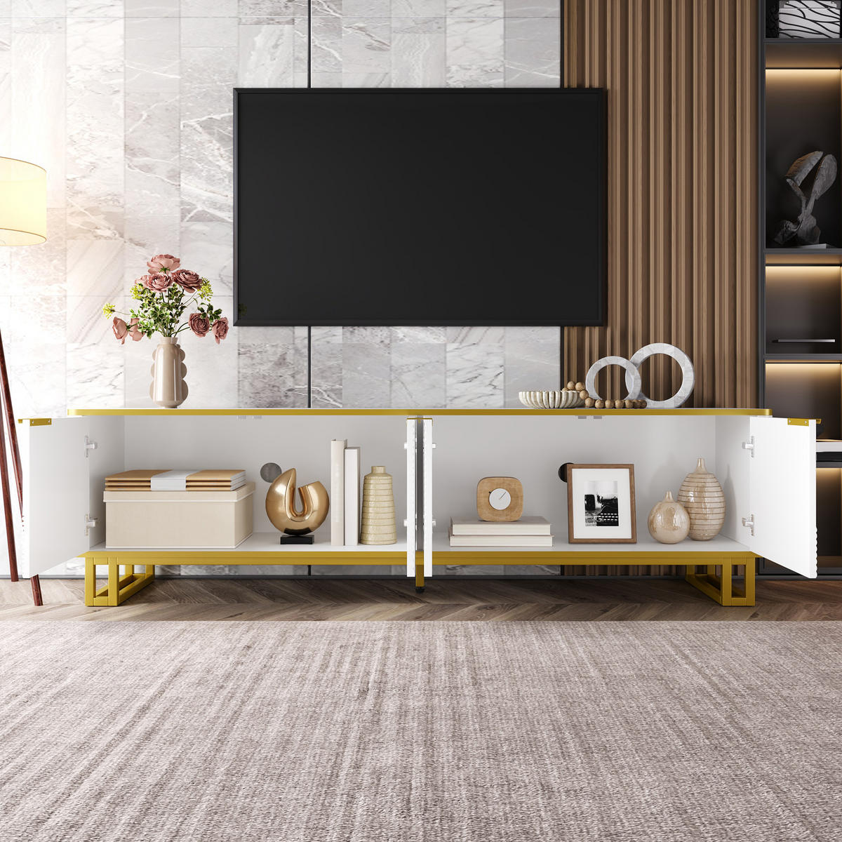 TV-ELEMENT160X37,5X48CM WeißGold mit geometrischem Design und 4 Türen - Weiß, Holz (45.09/14.61/175.26cm) - Raelunyi