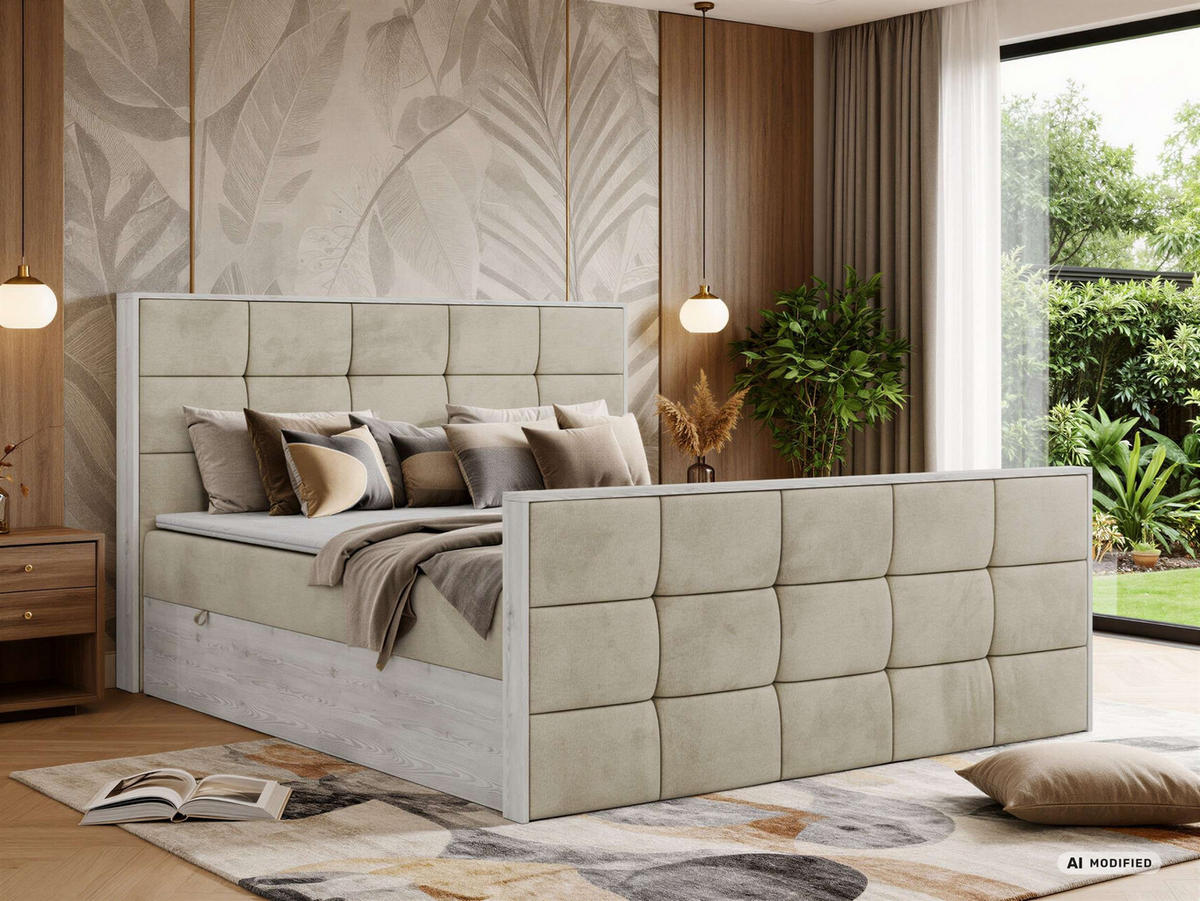 BOXBETT ALNOR DUO 140/200 - Beige Velvet - Topper Visco - H3 - Beige/Schwarz, Kunststoff/Textil (140/200cm) - MKS