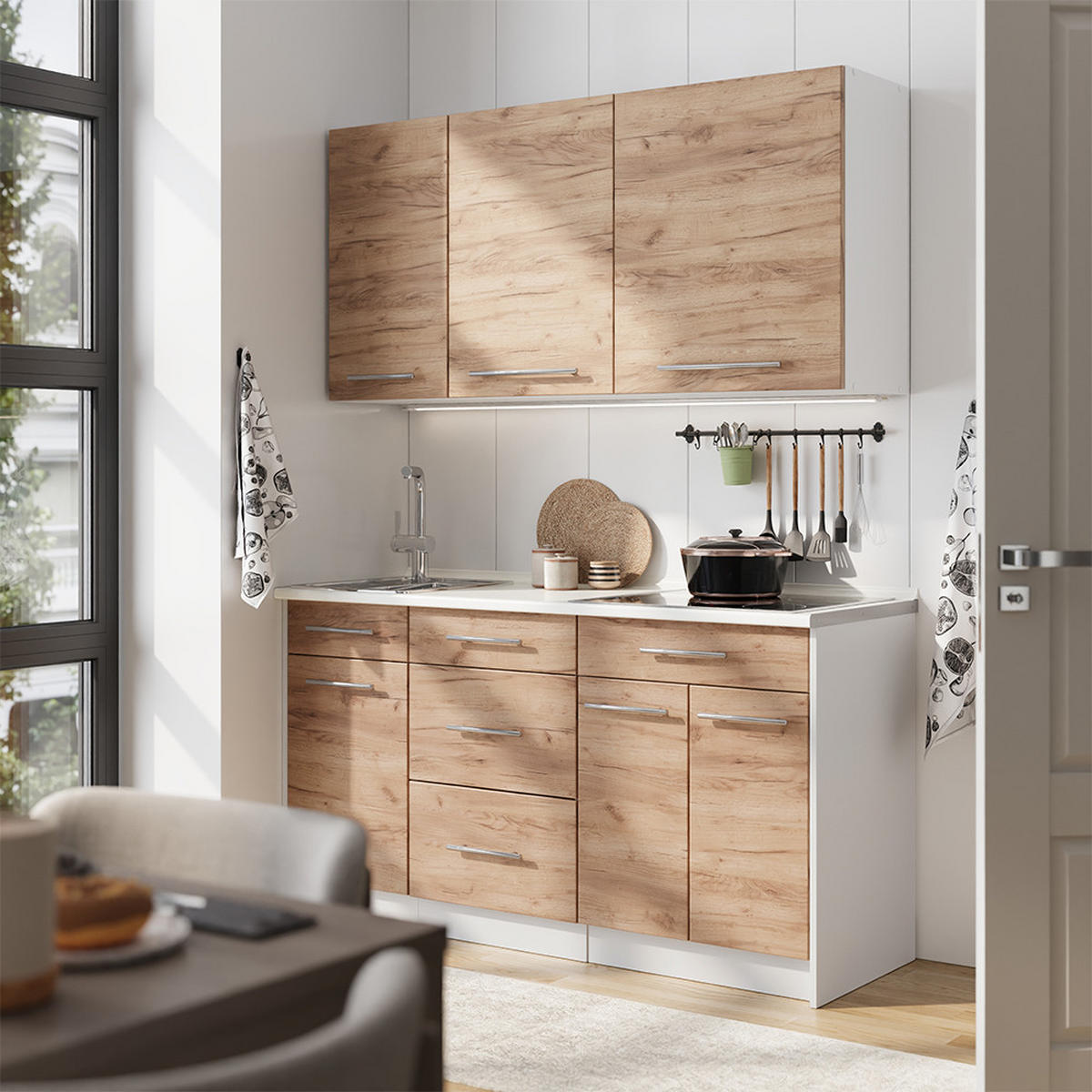 SINGLEKÜCHE Fame-Line, Goldkraft Eiche, 150 cm, AP Eiche - Honigeiche/Weiß, Holzwerkstoff (150/82/60cm) - Vicco