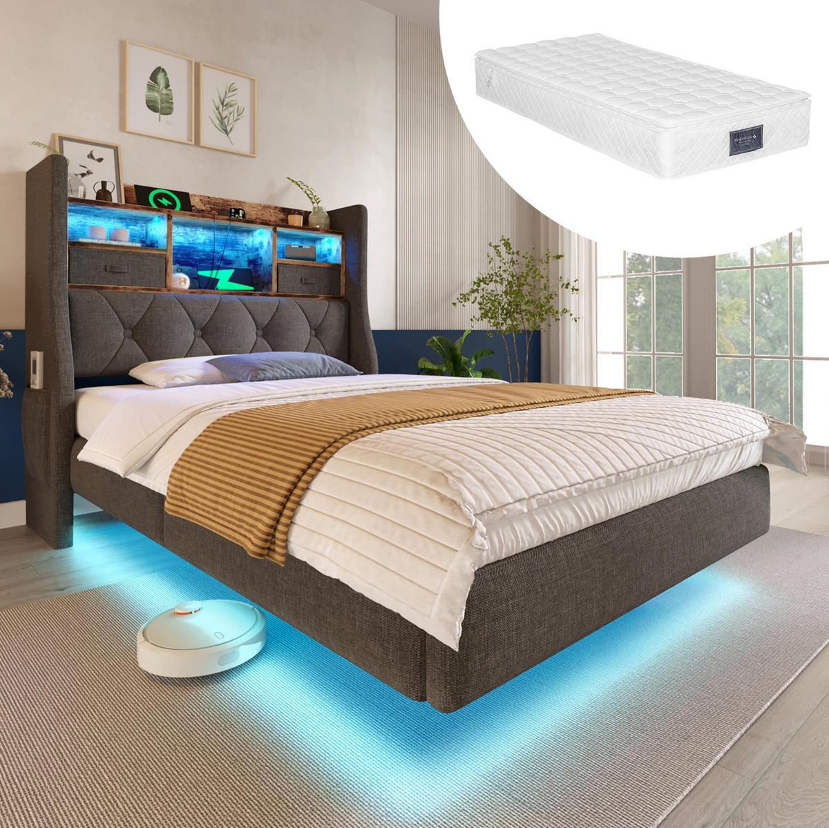 BETT mit LED und Ladestation 90x200 cm Leinen Gray mit Matratze - Grau, Holzwerkstoff (90/200cm) - Meubliv